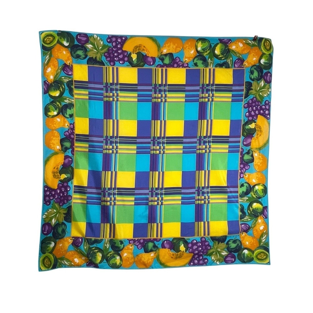 Echo Vintage Silk Blend Square Scarf Plaid Fruit Border Multicolor Made in Japan - Picture 7 of 13